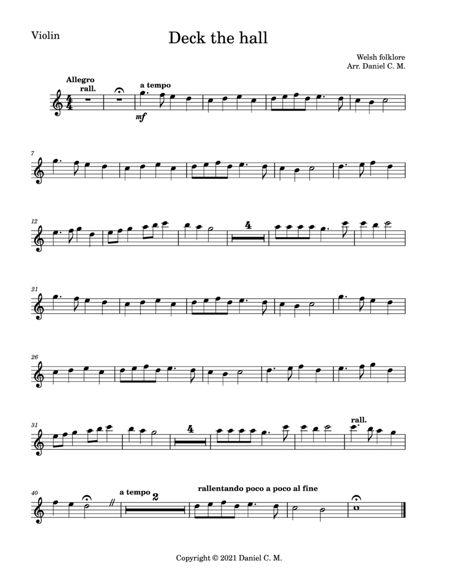 Deck the hall for violin and piano (easy) (arr. Daniel C. M.)