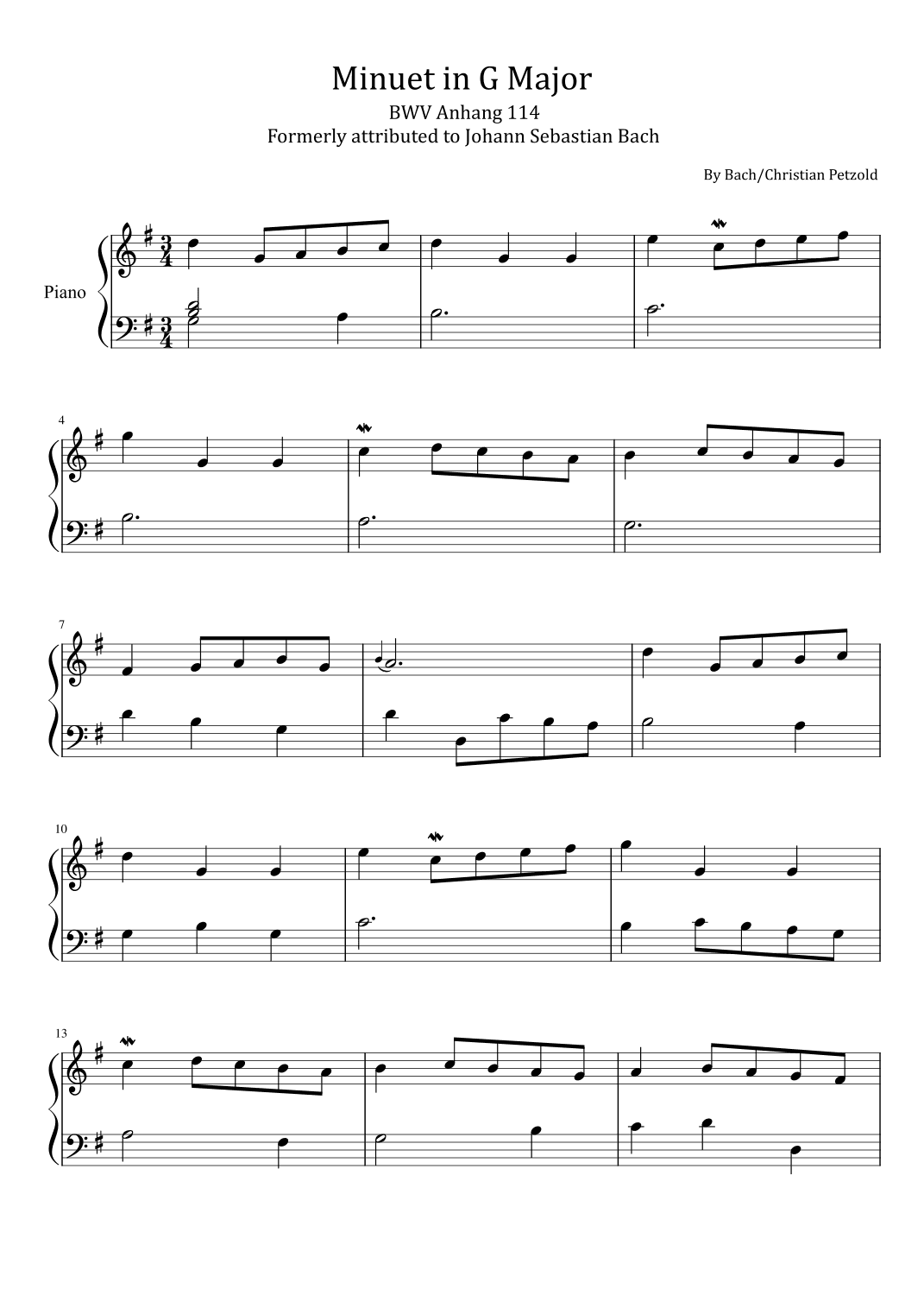 Minuet in G Major - BWV Anhang 114 - Formerly attributed to Bach - For Easy Piano (arr. poon)