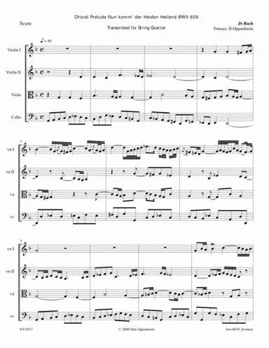 Bach: Prelude - Nun komm' der Heiden Heiland BWV 659 arranged for String Quartet (arr. D Oppenheim)
