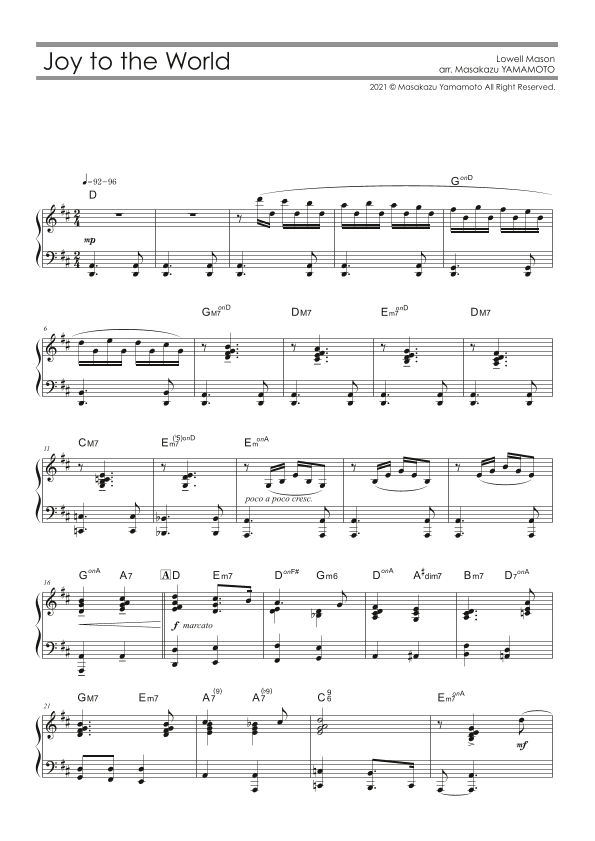 Joy to the World [Piano solo / intermediate / Christmas Music Arr.] (arr. Masakazu YAMAMOTO)