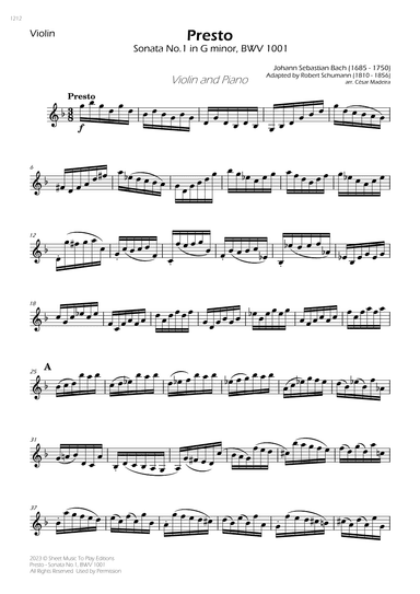 Presto from Sonata No.1, BWV 1001 - Violin and Piano (Individual Parts) (arr. César Madeira)