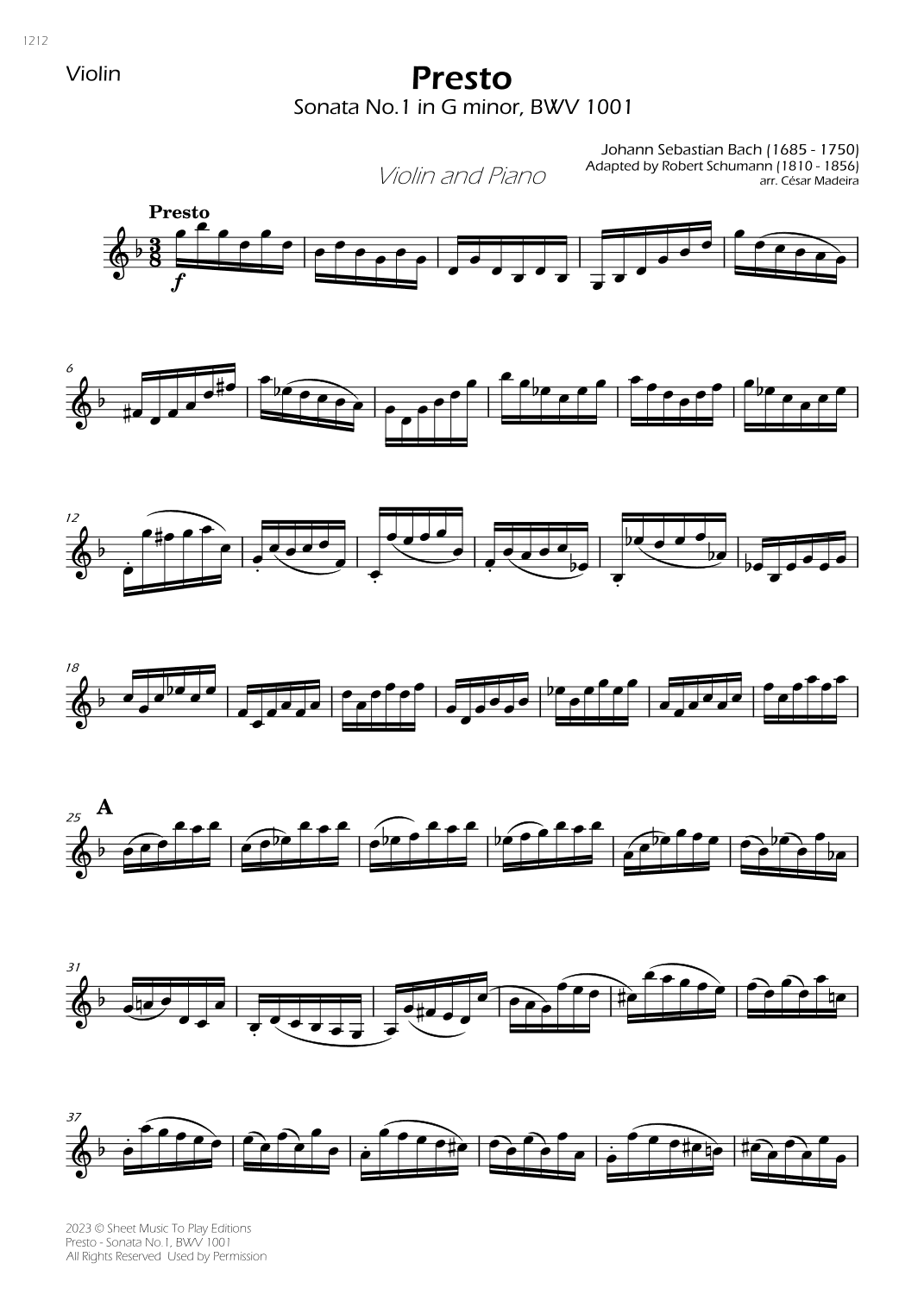 Presto from Sonata No.1, BWV 1001 - Violin and Piano (Individual Parts) (arr. César Madeira)