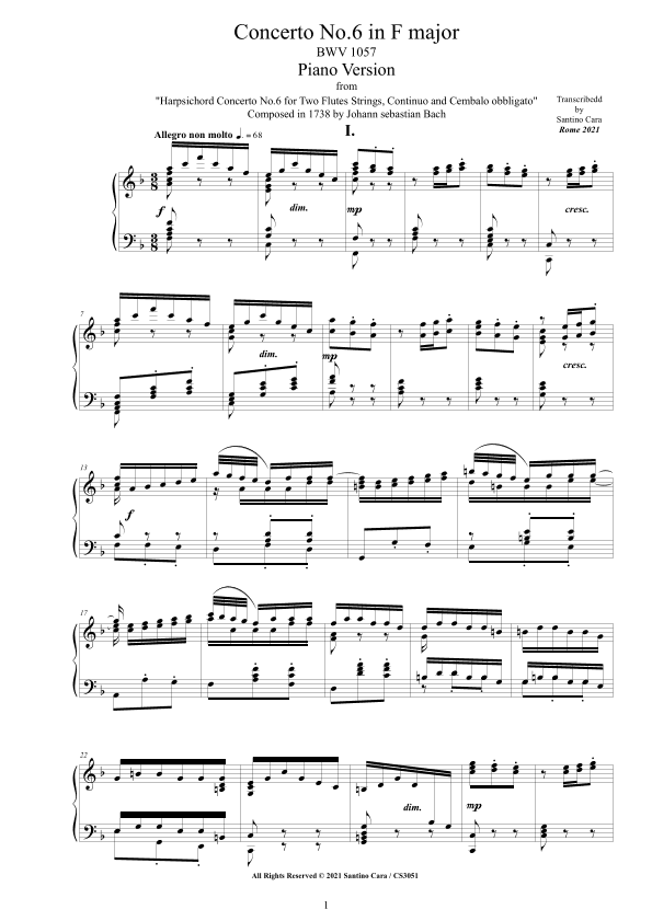 Bach - Concerto No.6 in F major BWV 1057 for Piano solo - Full score (arr. Santino Cara)
