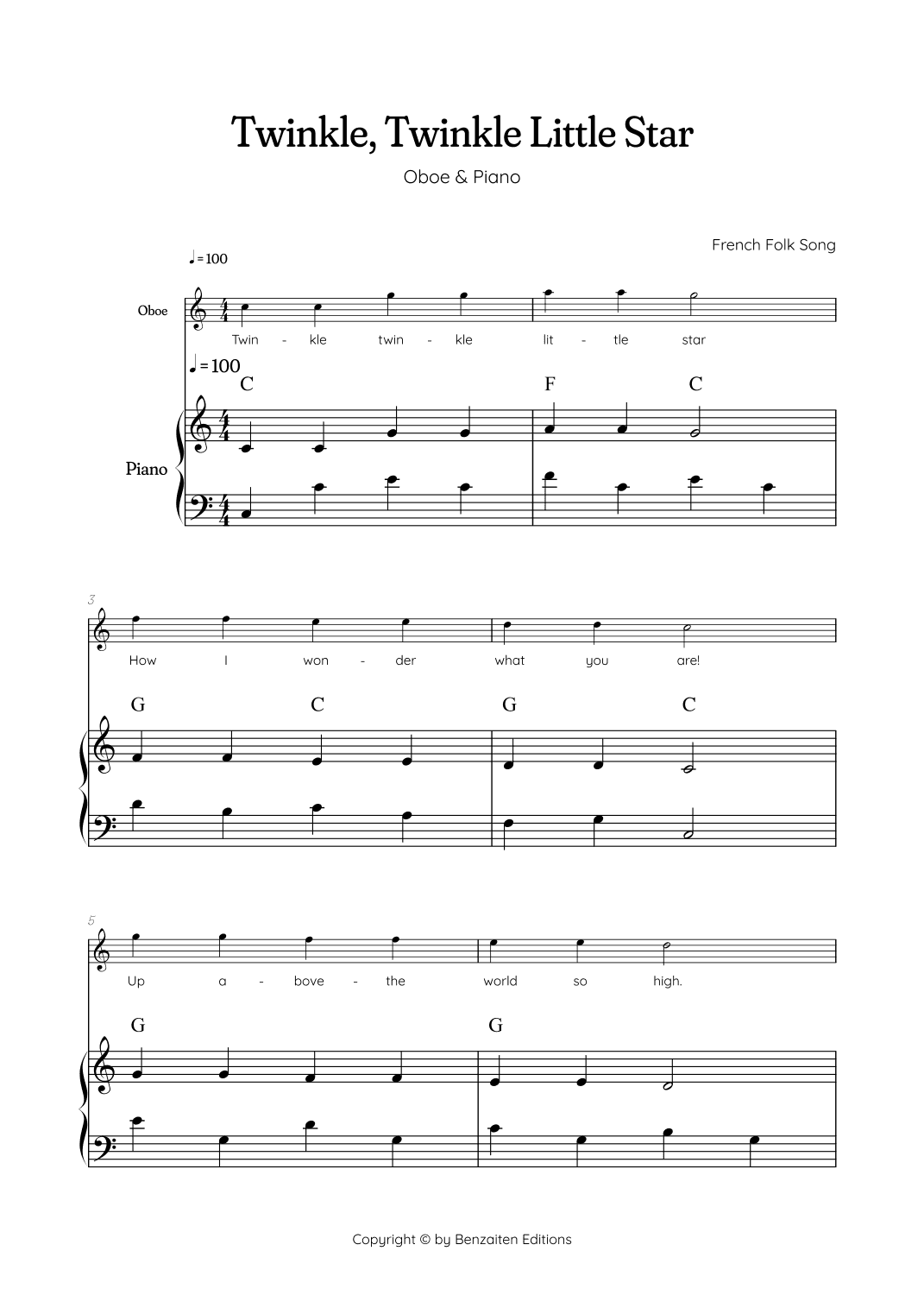 Twinkle, Twinkle Little Star • Easy oboe sheet music with easy piano accompaniment with chords (arr. Benzaiten Editions)