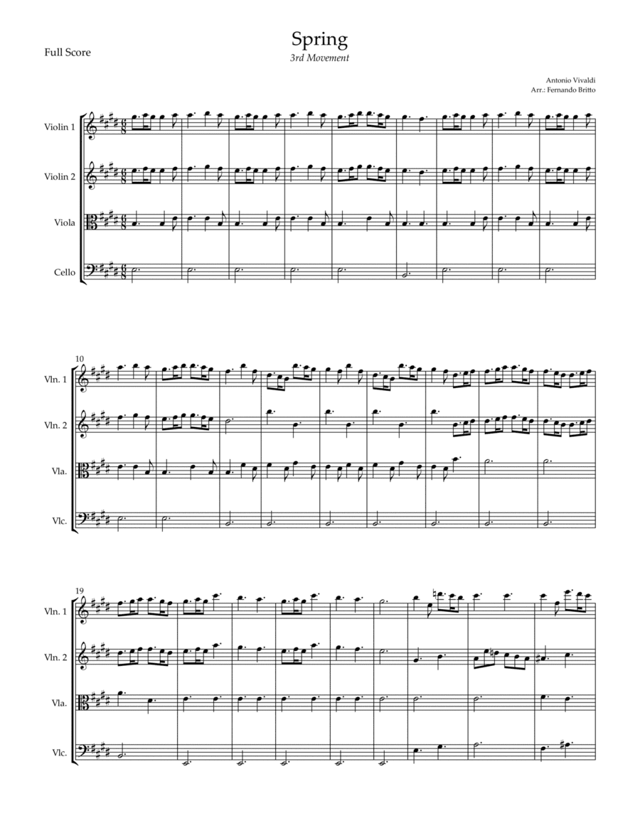 Spring - 3rd Movement (Antonio Vivaldi) for String Quartet (arr. Fernando Britto)