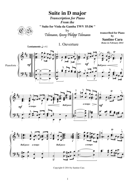 Telemann Suite in D major for piano – 1-Ouverture, TWV 55:D6 (arr. Santino Cara)
