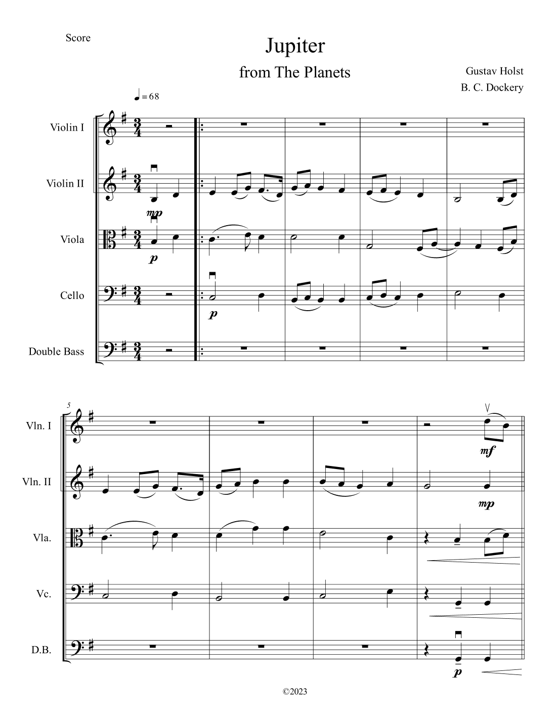 Jupiter (from The Planets) for String Orchestra or Quintet (arr. B. C. Dockery)