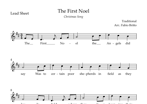 The First Noel (Christmas Song) Lead Sheet in D Major. (arr. Fabio Britto)