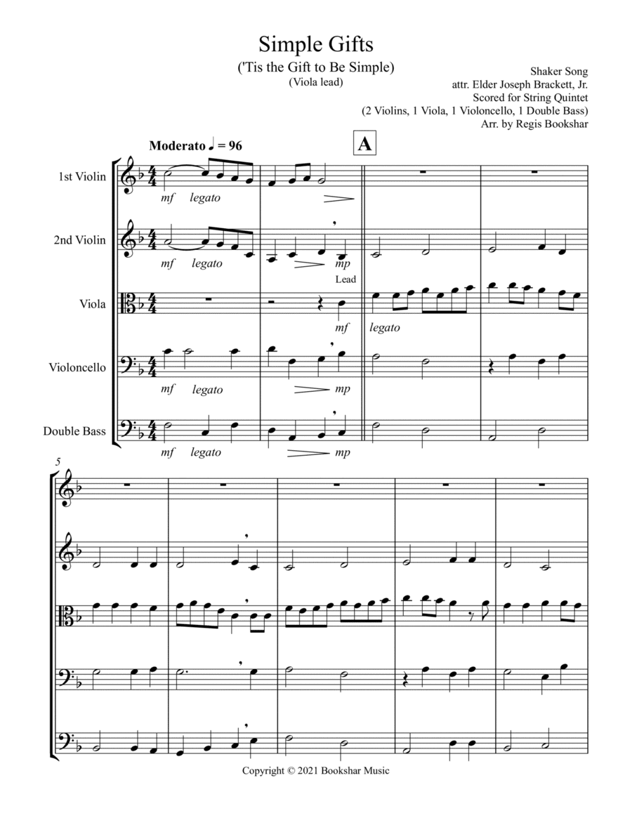 Simple Gifts ('Tis the Gift to Be Simple) (F) (String Quintet - 2 Violins, 1 Viola, 1 Cello, 1 Bass) (arr. Regis Bookshar)