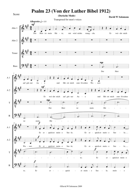 Psalm 23 - Der Herr ist mein Hirte - for choir (male voices or mixed choir)