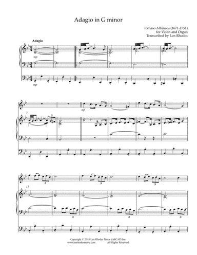 Albinoni - Adagio in G minor, transcribed for violin and organ (arr. Len Rhodes)