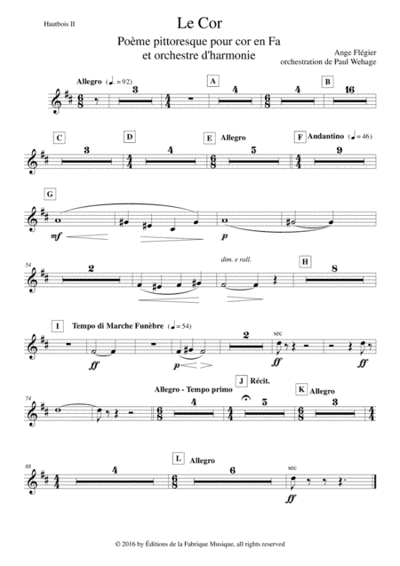 Ange Flégier: Le Cor for solo horn and concert band, oboe 2 part (arr. Paul Wehage)