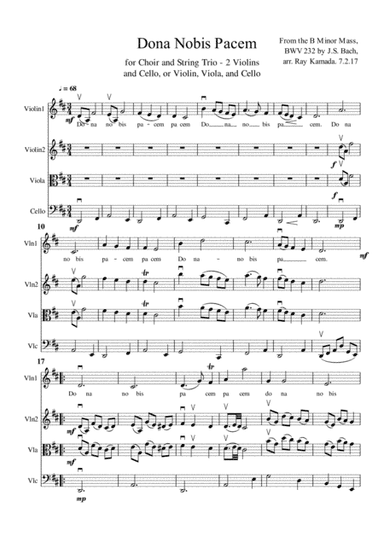 Dona Nobis Pachem, for 2 Violins (or Violin, Viola), and Cello, with Lyrics (arr. Ray Kamada)