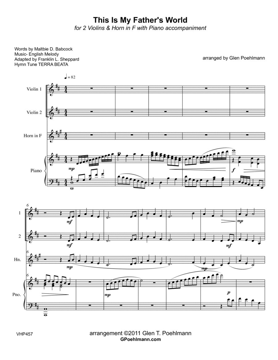 THIS IS MY FATHER'S WORLD - 2 VIOLINS & HORN with Piano Accompaniment (arr. Glen Poehlmann)