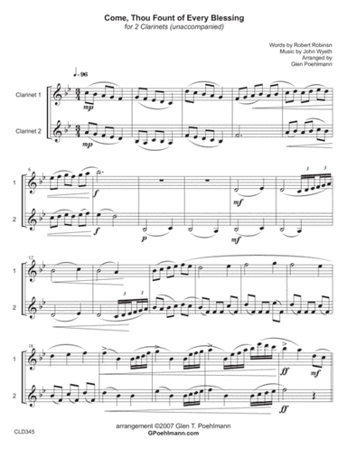 COME THOU FOUNT OF EVERY BLESSING - CLARINET DUET (unaccompanied) (arr. Glen Poehlmann)