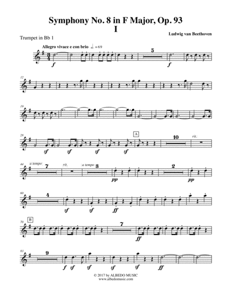 Beethoven Symphony No. 8, Movement I - Trumpet in Bb 1 (Transposed Part), Op. 93 (arr. Doug Clyde)