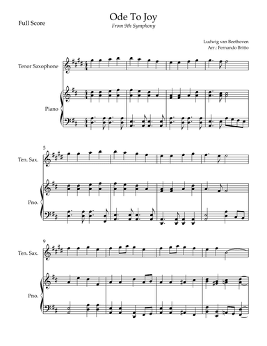 Ode To Joy Theme (from Beethoven's 9th Symphony) for Tenor Saxophone Solo and Piano Accompaniment (arr. Fernando Britto)