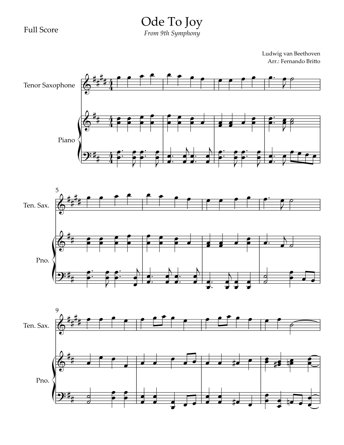 Ode To Joy Theme (from Beethoven's 9th Symphony) for Tenor Saxophone Solo and Piano Accompaniment (arr. Fernando Britto)