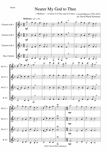 Nearer my God to Thee (Bethany) for clarinet quartet (3 clarinets and 1 bass or 4 clarinets) (arr. David Warin Solomons)
