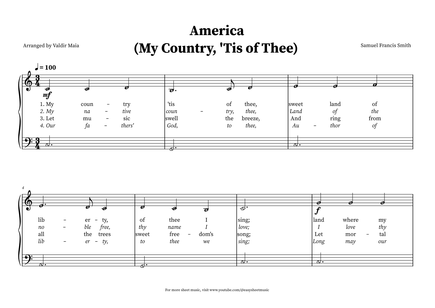 America (My Country, 'Tis of Thee) - Easy Beginner Piano (note names and lyrics) (arr. Valdir Maia)