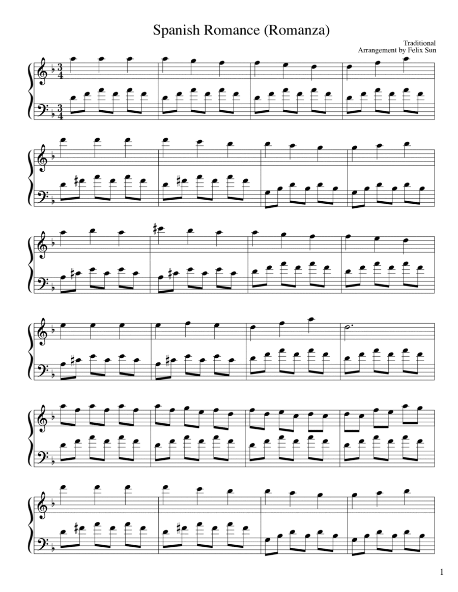 Spanish Romance (Romanza) - Beautiful Easy Piano Solo (arr. Felix Sun)