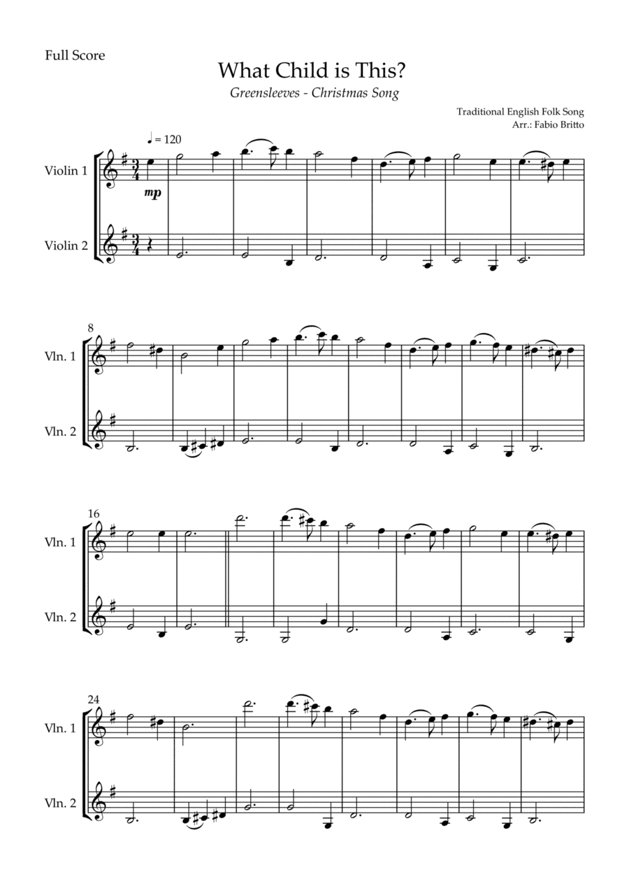 What Child is This? - Greensleeves (Christmas Song) for Violin Duo (arr. Fabio Britto)