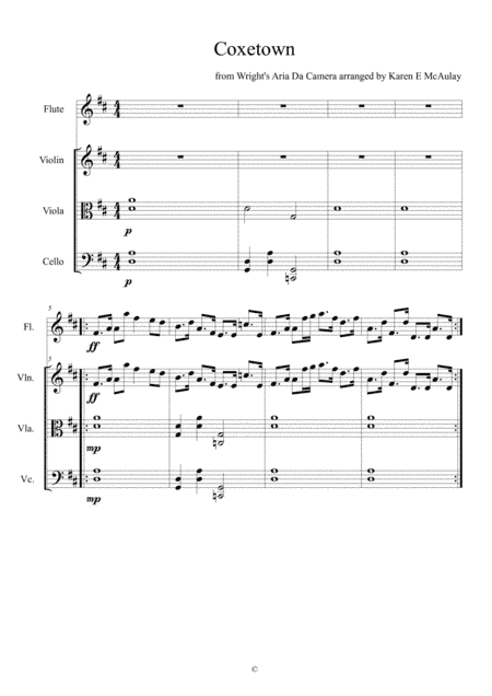 Coxetown, 18th century tune arranged for flute, violin, viola and cello