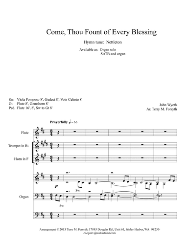 "Come, Thou Fount of Every Blessing", instruments and organ (arr. Terry M. Forsyth)
