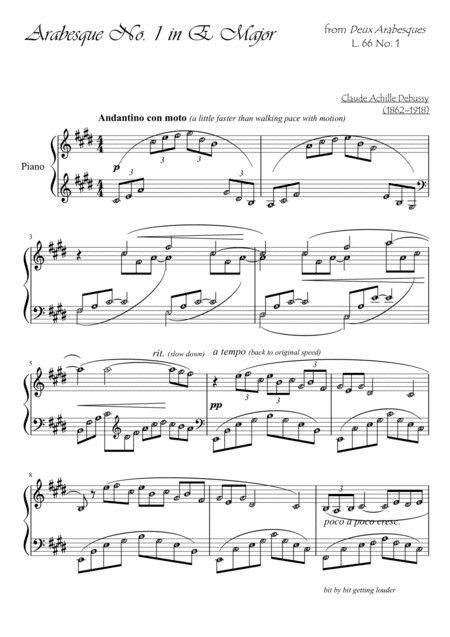Arabesque no. 1 (Debussy) L. 66 no. 1 in E major - with note names and definition of terms (arr. Published Harmony Valarie)