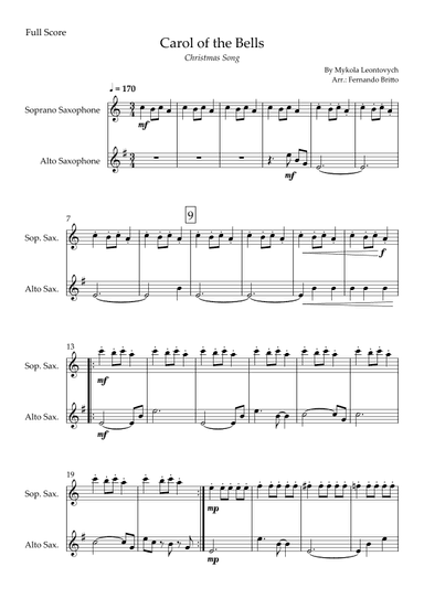 Carol of the Bells in Jazz Version (Christmas Song) for Soprano Saxophone & Alto Saxophone Duo (arr. Fabio Britto)