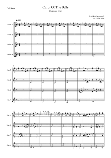 Carol Of The Bells (Christmas Song) for Violin Quartet (D Minor) (arr. Fabio Britto)