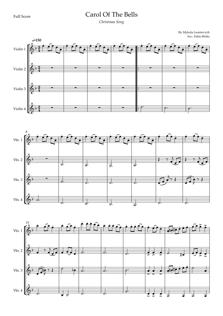Carol Of The Bells (Christmas Song) for Violin Quartet (D Minor) (arr. Fabio Britto)