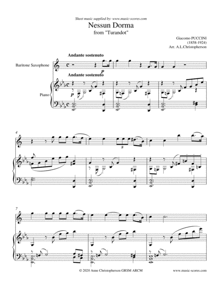 Nessun Dorma - Baritone Saxophone and Piano (arr. Anne L Christopherson GRSM ARCM)