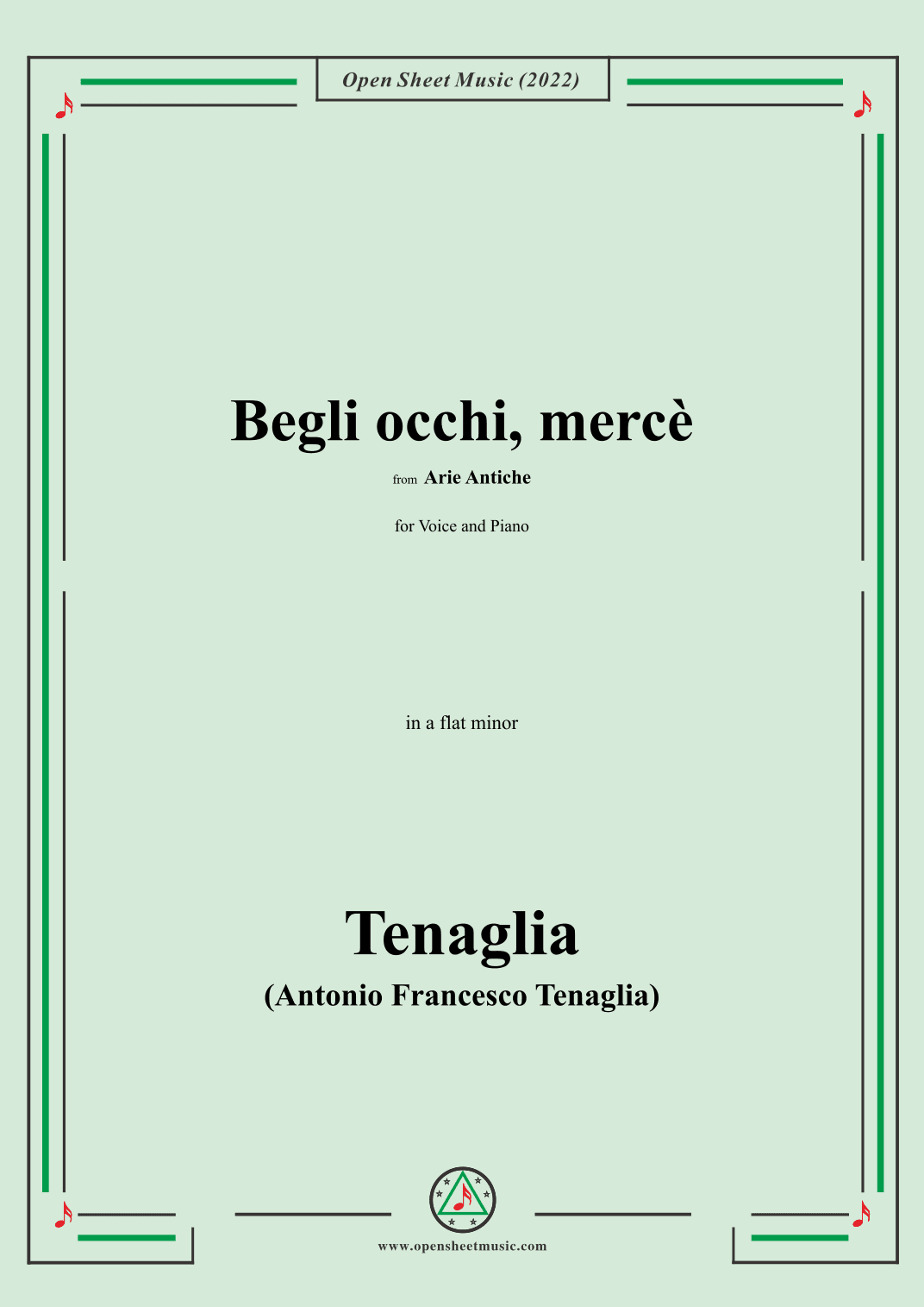 Tenaglia-Begli occhi,mercè,from Arie Antiche(Anthology of Italian Song),in a flat minor,for Voice an (arr. OSM Press)