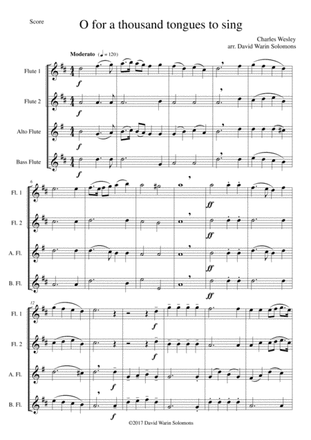 O for a thousand tongues to sing for Flute quartet (2 C flutes, alto flute, bass flute) (arr. David Warin Solomons)