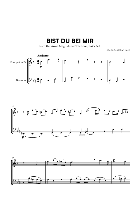 Bist du bei Mir (BWV 508) (for Trumpet and Bassoon) (arr. Cadenza Editions)