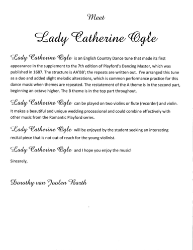 Romantic Playford: Lady Catherine Ogle (arr. Dorothy van Joolen Barth)