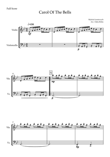 Carol Of The Bells (Mykola Leontovych) for Violin & Cello Duo (arr. Fabio Britto)