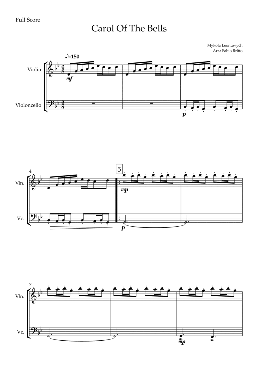 Carol Of The Bells (Mykola Leontovych) for Violin & Cello Duo (arr. Fabio Britto)