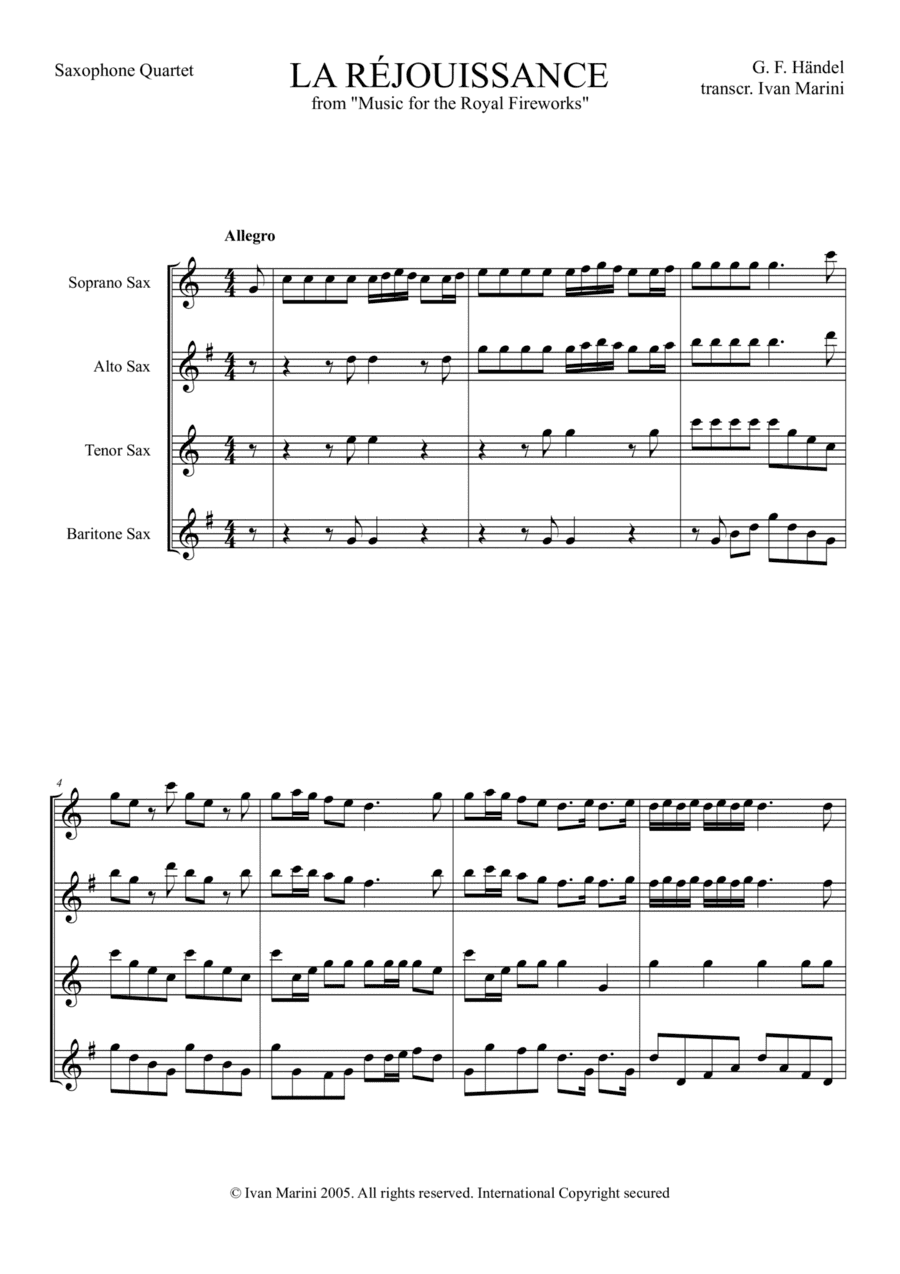LA REJOUISSANCE - from Music for the Royal Fireworks by G. F. Handel - for Saxophone quartet (arr. Ivan Marini)