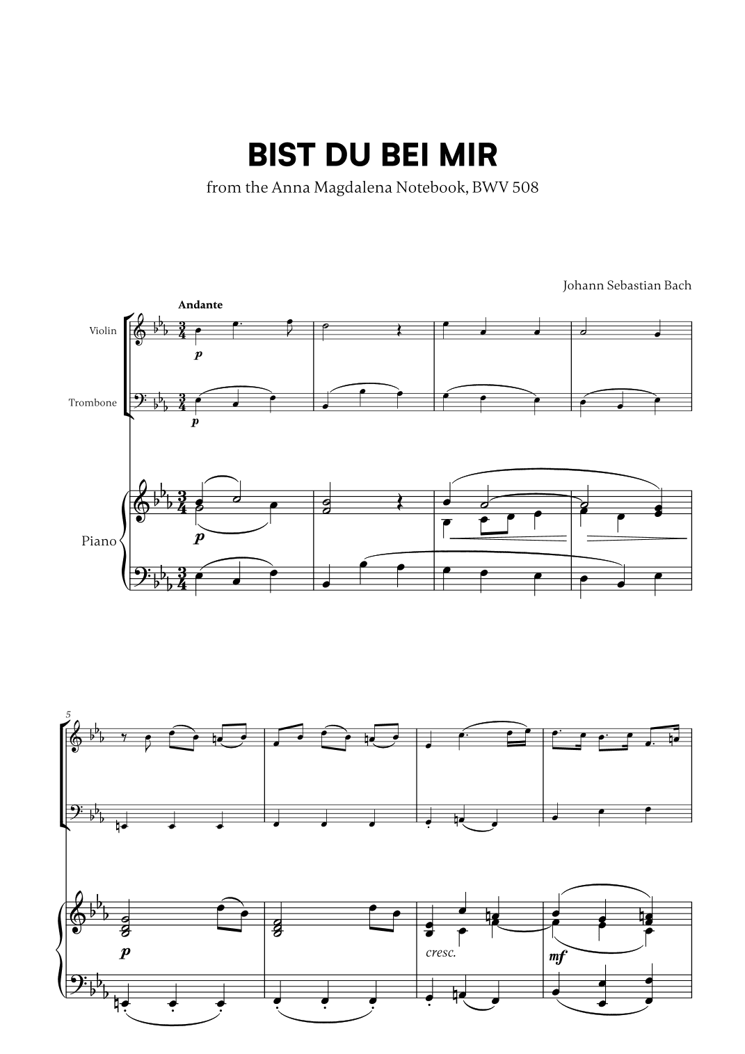 Johann Sebastian Bach - Bist du bei Mir BWV 508 (for Violin, Trombone and Piano) (arr. Cadenza Editions)