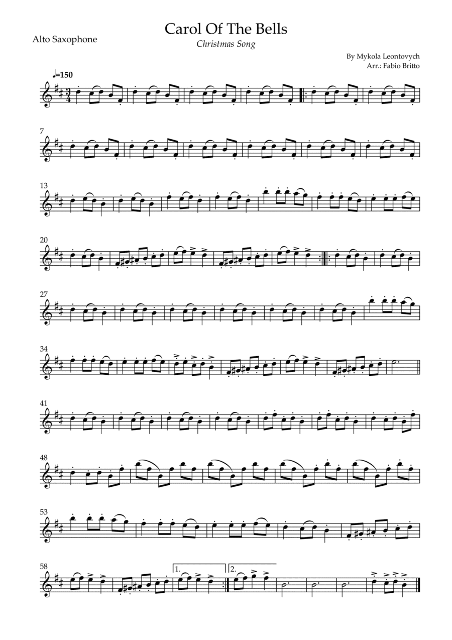 Carol Of The Bells (Christmas Song) for Alto Saxophone Solo (D Minor) (arr. Fabio Britto)