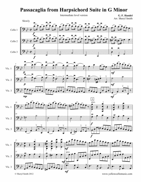 Passacaglia in G Minor, arranged for three intermediate cellos (cello trio), HWV 432 (arr. Yellow Cello Music)