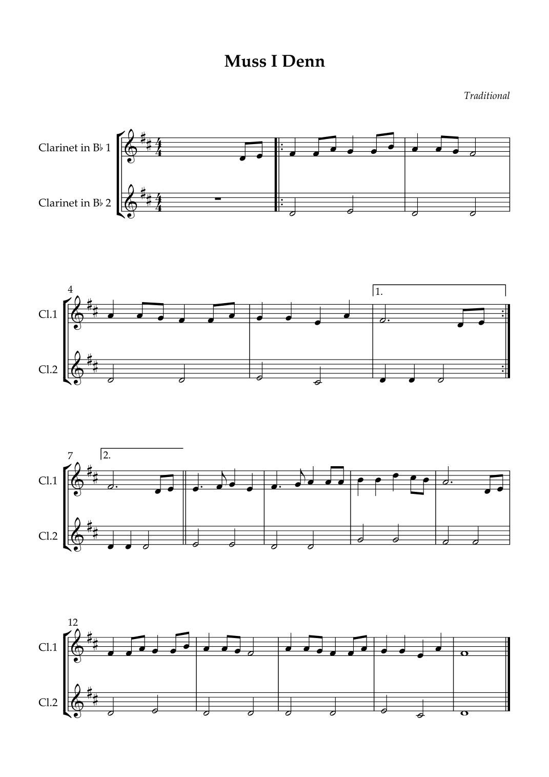 Duet Clarinet Bb  - Muss I Denn (Easy) (arr. Wesley S. SIlva)