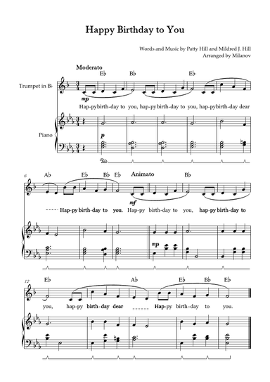 Happy Birthday to You |  Trumpet in Bb |  E-flat Major | Piano accompaniment | Pedal | Chords | Lyri (arr. Milanov)