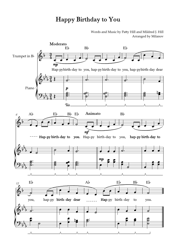 Happy Birthday to You |  Trumpet in Bb |  E-flat Major | Piano accompaniment | Pedal | Chords | Lyri (arr. Milanov)