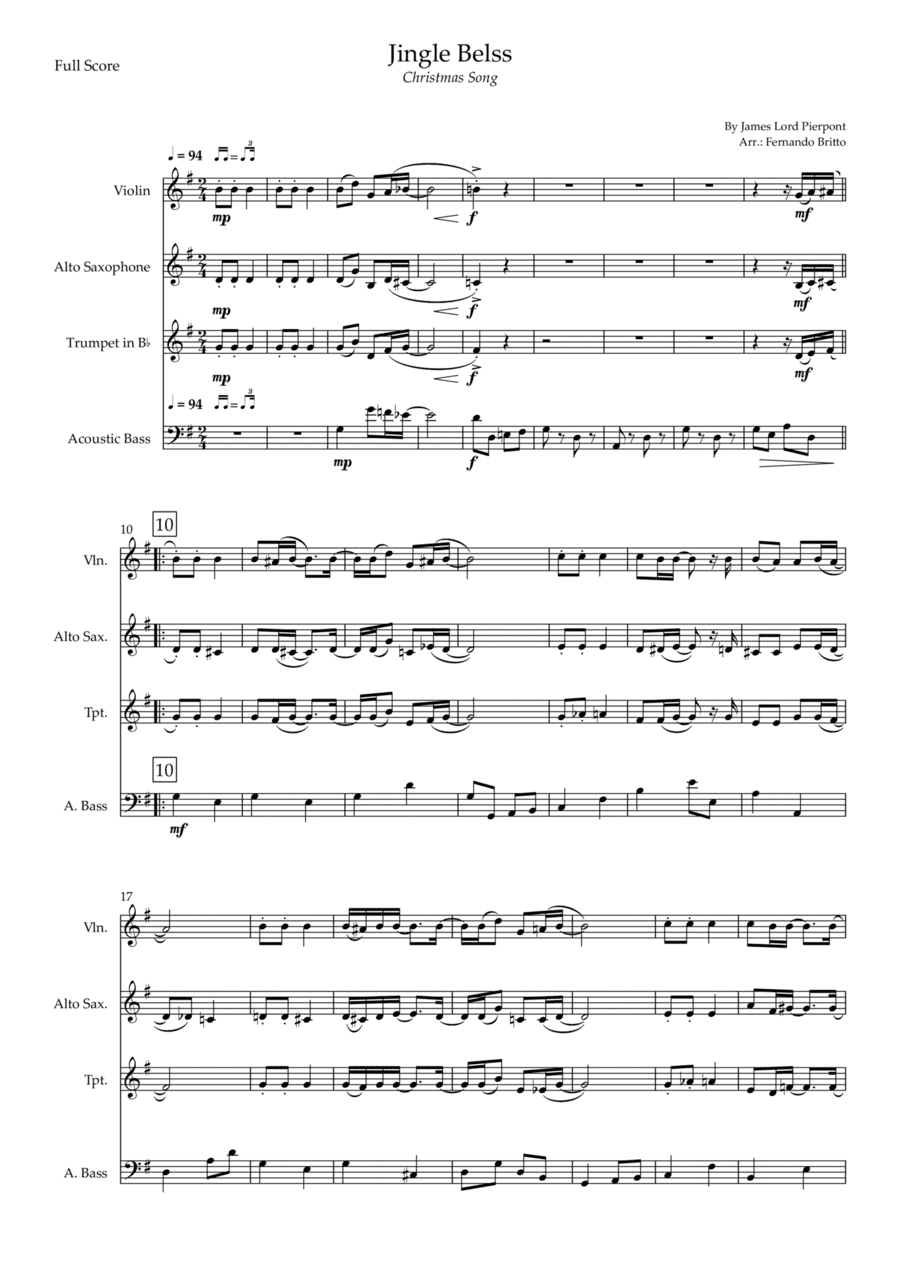 Jingle Bells - Jazz Version (Christmas Song) for Violin, Alto Saxophone, Trumpet in Bb and Acoustic (arr. Fernando Britto)
