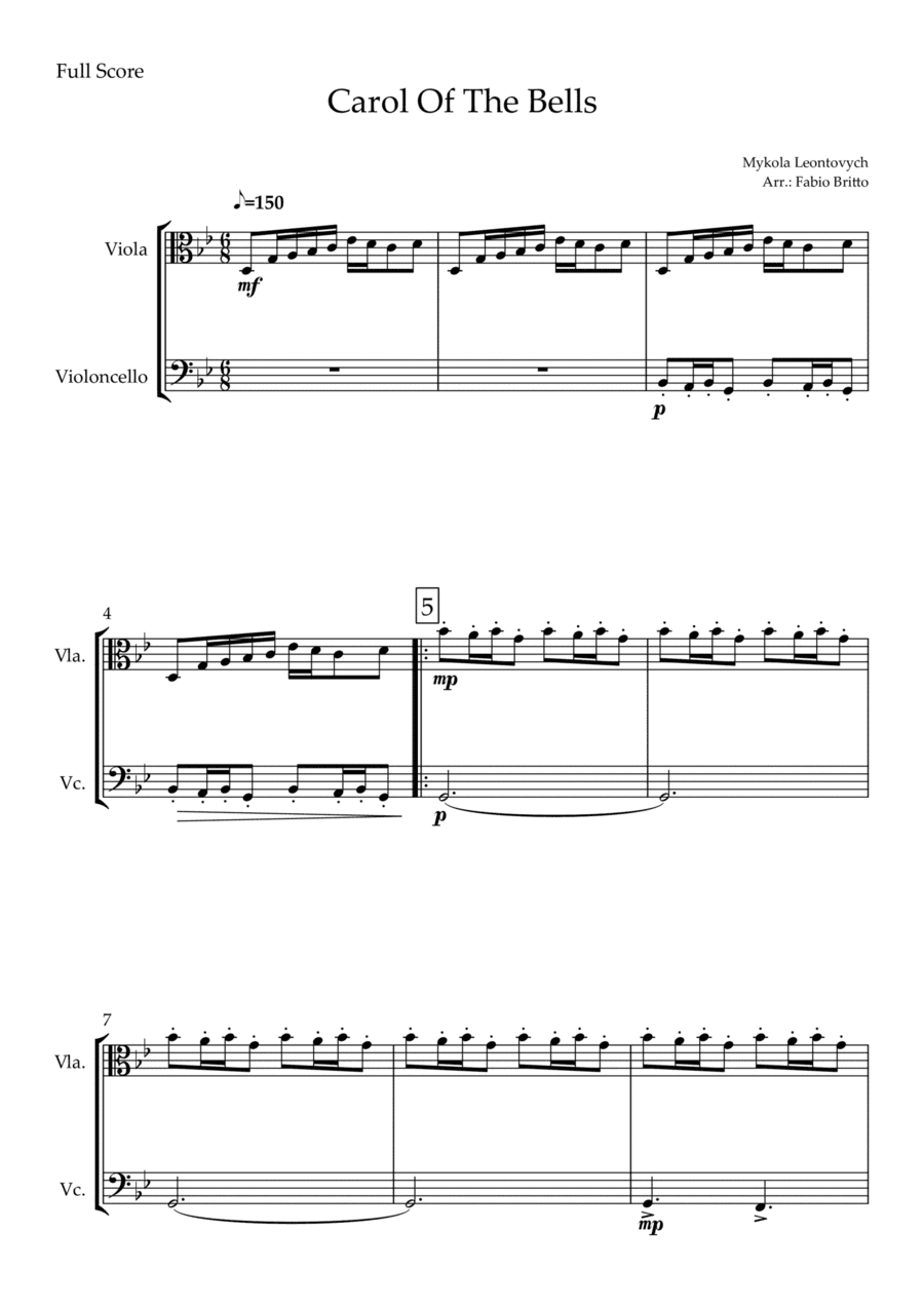Carol Of The Bells (Mykola Leontovych) for Viola & Cello Duo (arr. Fabio Britto)