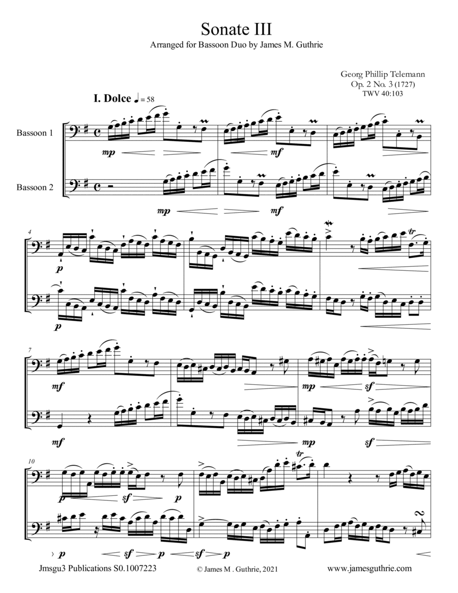 Telemann: Sonata Op. 2 No. 3 for Bassoon Duo (arr. James M. Guthrie)