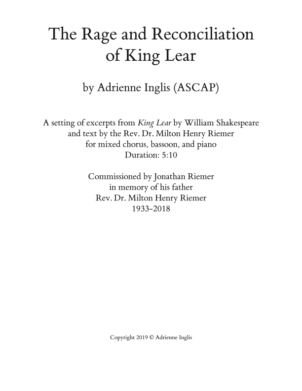 The Rage and Reconciliation of King Lear for SATB, bassoon, and piano